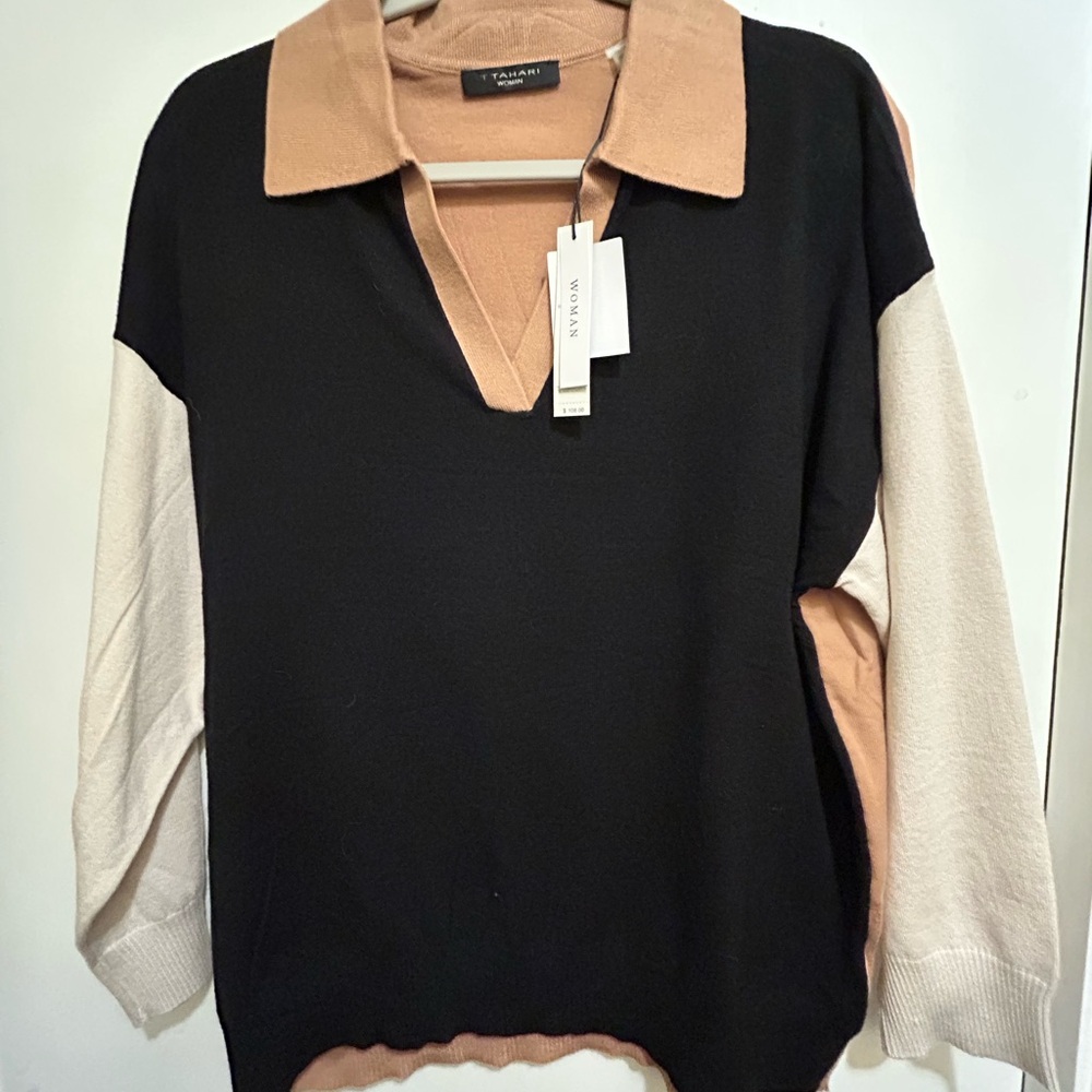 NWT T Tahari by Nordstrom’s Black, Cream, & Tan V-Neck Color Block Sweater,Sz 1X